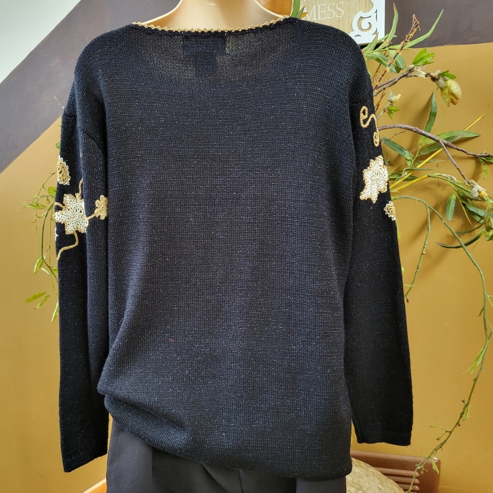 Vintage Beaded Sweater Black Shimmer  Gold Applique Pearl Beads Jocelyn Smith M - Picture 8 of 12